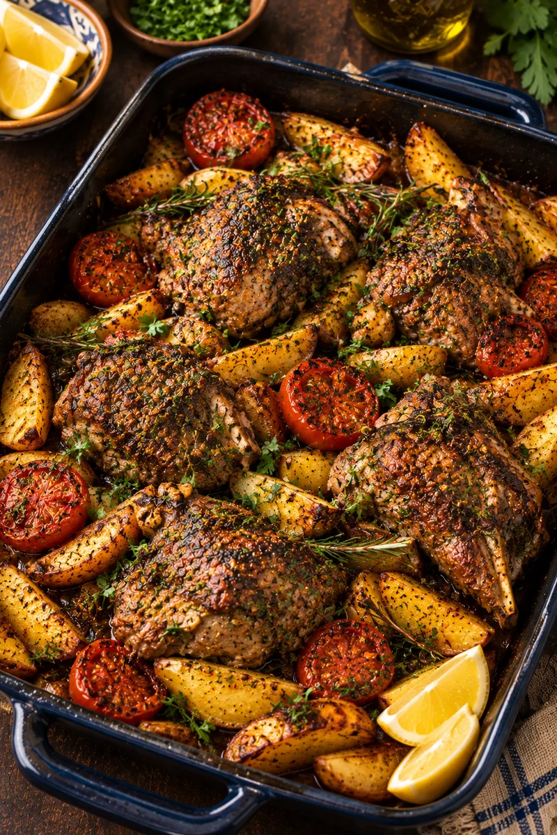Halved tomatoes added at the end and chopped parsley scattered over the finished roast lamb