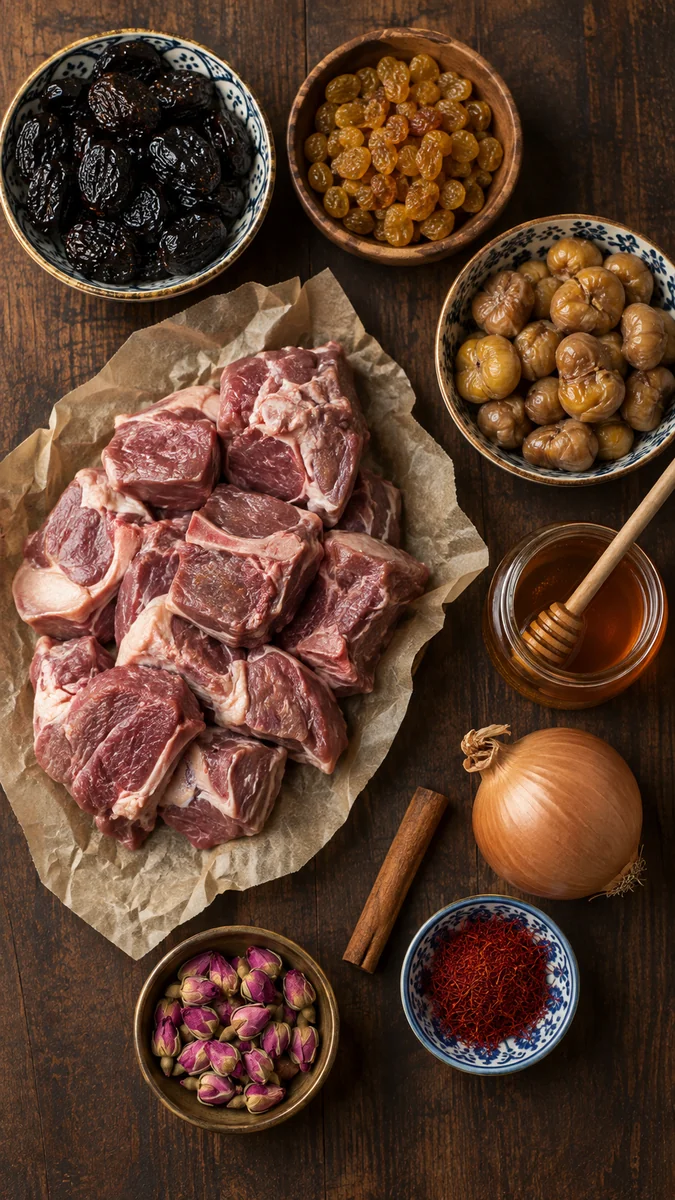 Ingredients for sauce douce: lamb, onion, olive oil, saffron, dried rose buds, prunes, raisins, chestnuts, honey and cinnamon