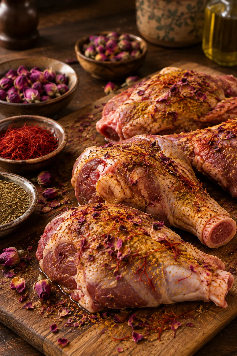 Lamb pieces rubbed with salt, pepper, saffron and ground rose buds, resting before cooking