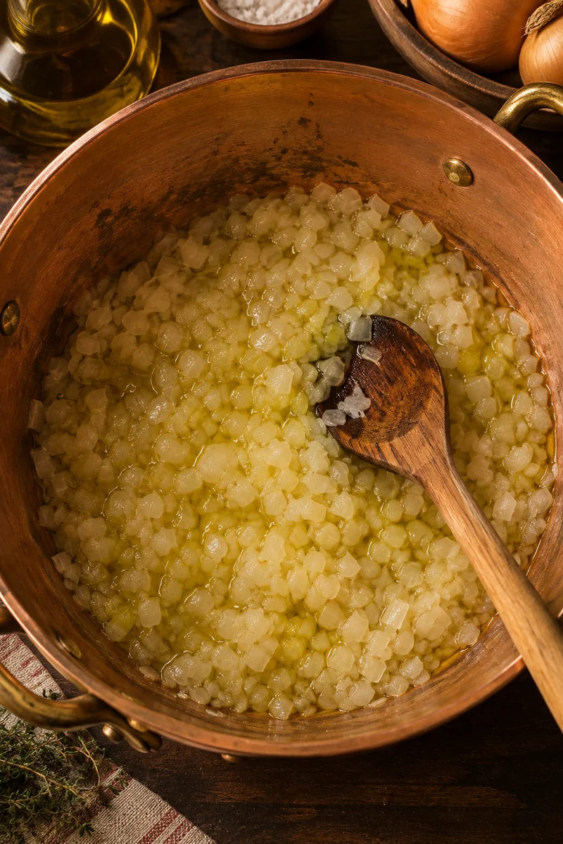 Chopped onion softening gently in olive oil in a heavy pot, pale and not coloured