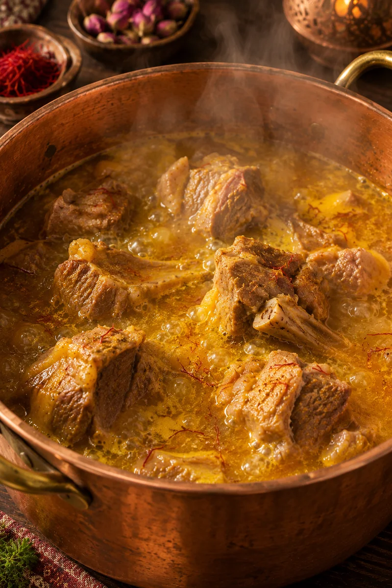 Seasoned lamb turned in the oil and simmering covered until tender