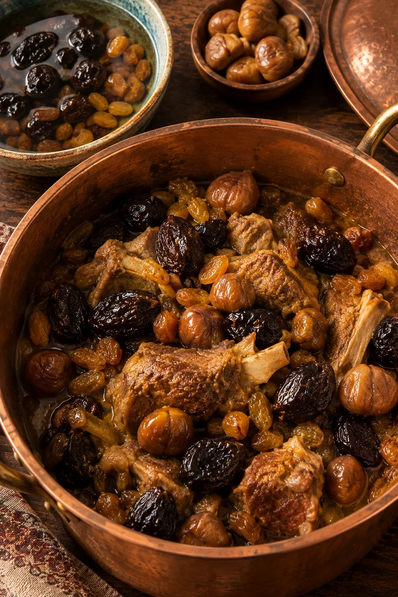 Soaked prunes, raisins and cooked chestnuts added to the pot with the lamb