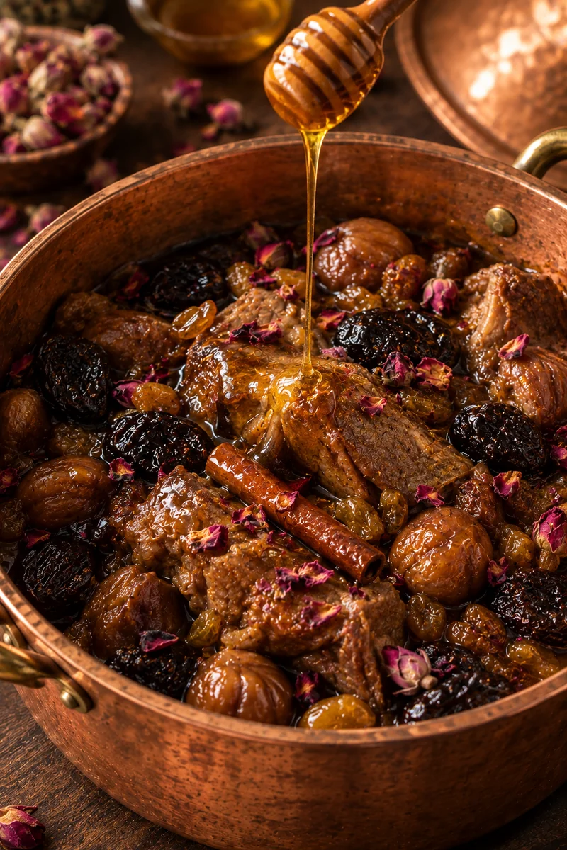 Honey, cinnamon and ground rose buds stirred in at the end until the sauce turns glossy